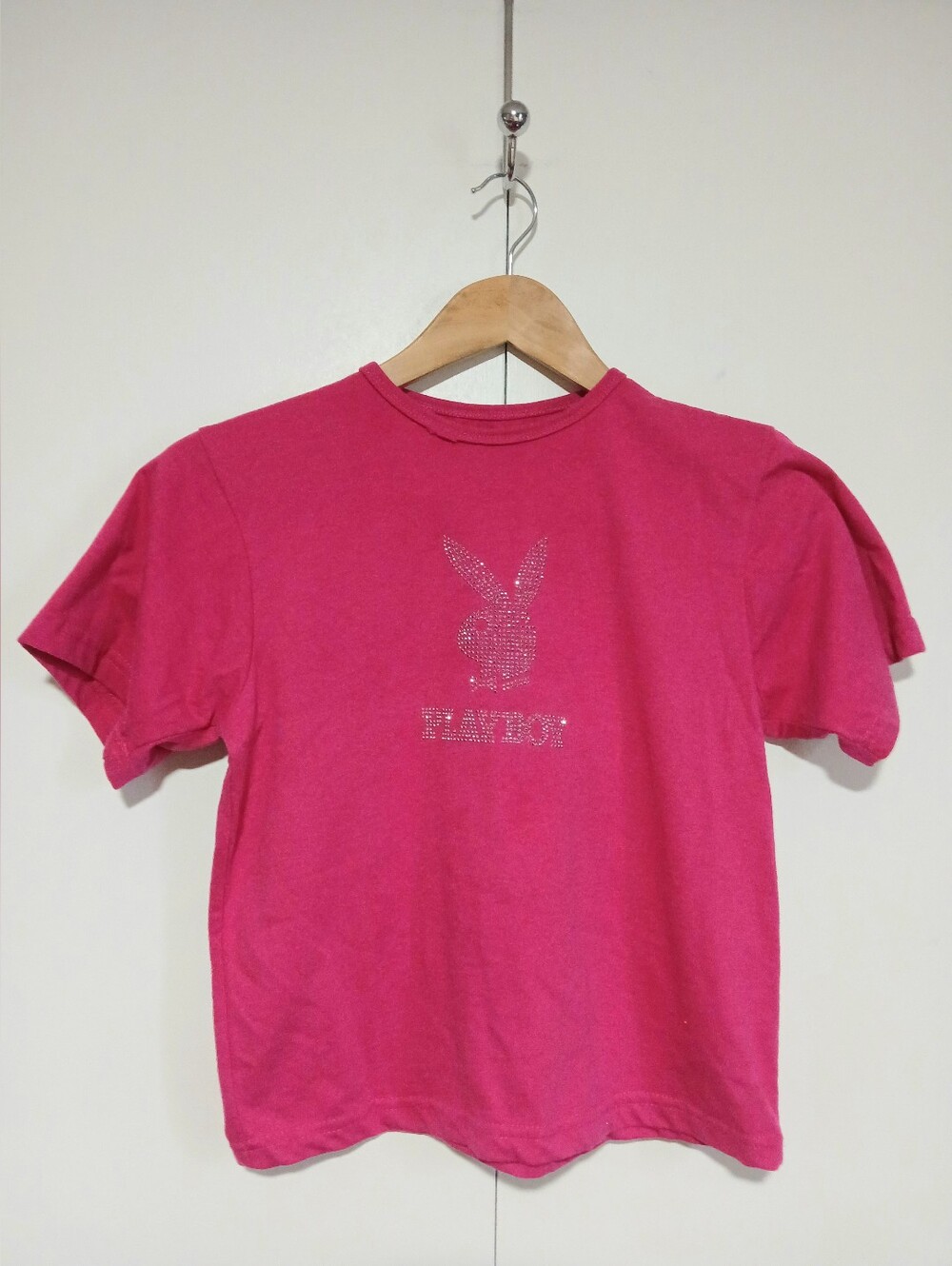 ​Playboy Pink Rhinestone Bunny Logo Crop Baby Tee Womens XL Y2K McBling Hot